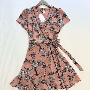 Red & Olive Floral Wrap Dress in Pink